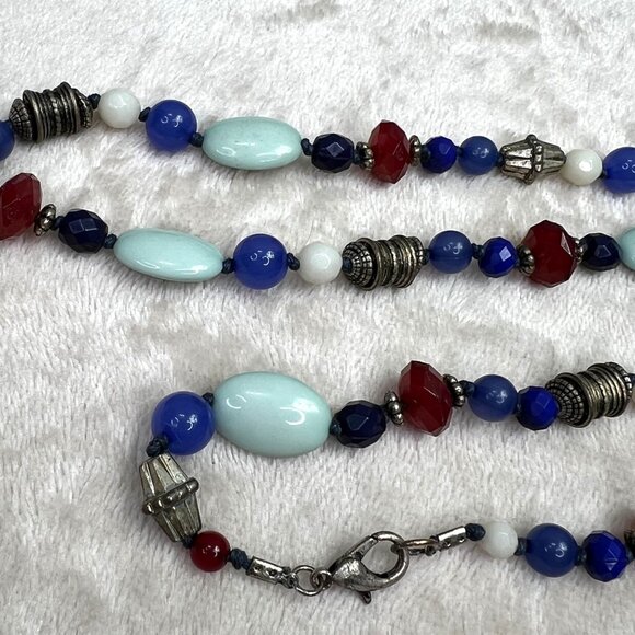 Beaded Necklace Blue Red Mint Green Silver Tone Long 31" - Picture 4 of 5